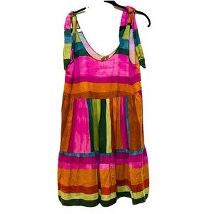 FARM RIO (Brasil) Multicolor Linen Blend Flounce Skirt Tie Straps Dress Sz L